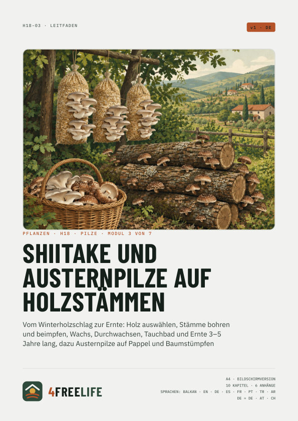 Shiitake und Austernpilze auf Holzstämmen