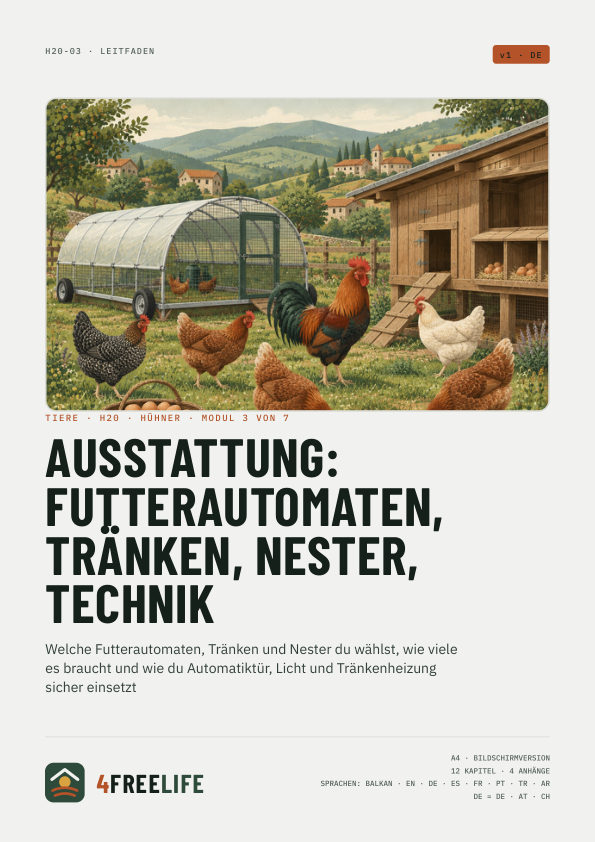 Ausstattung: Futterautomaten, Tränken, Nester, Technik