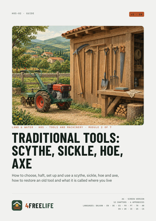 Traditional tools: scythe, sickle, hoe, axe