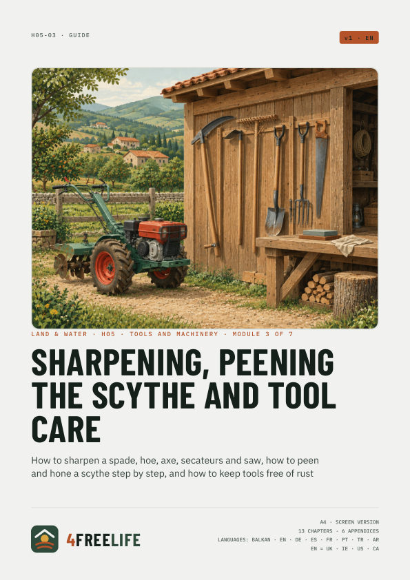 Sharpening, peening the scythe and tool care