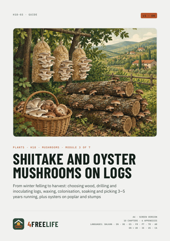 Shiitake and oyster mushrooms on logs