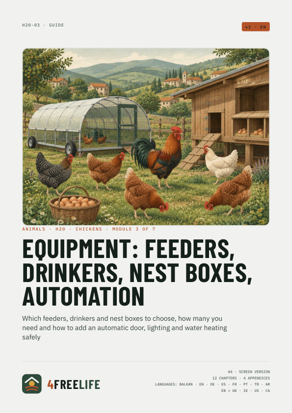 Equipment: feeders, drinkers, nest boxes, automation