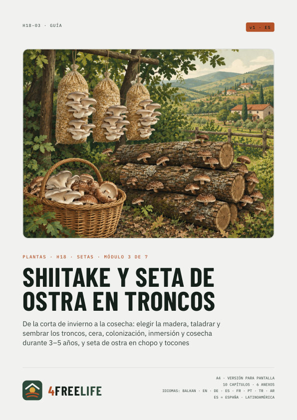 Shiitake y seta de ostra en troncos