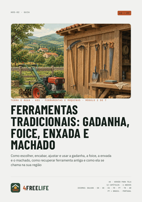 Ferramentas tradicionais: gadanha, foice, enxada e machado